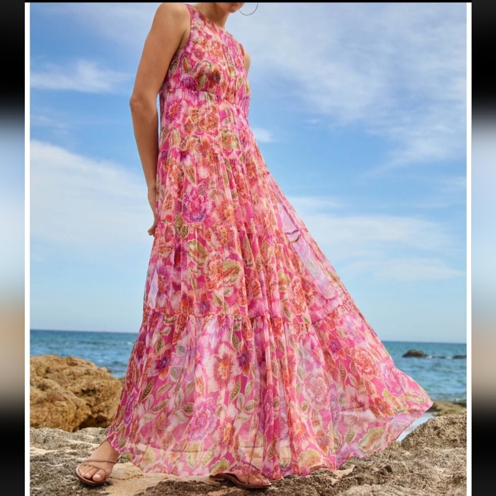 NWT Johnny Was Loran Tiered Pink Floral Halter Neck Maxi Silk Dress XS